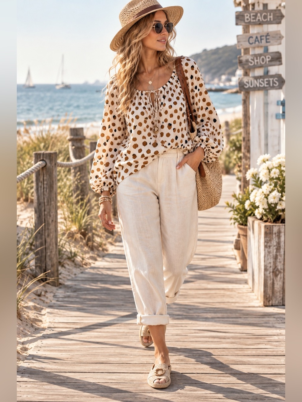 Ellen Tracy Cream Blouse with Brown Polka Dot Print